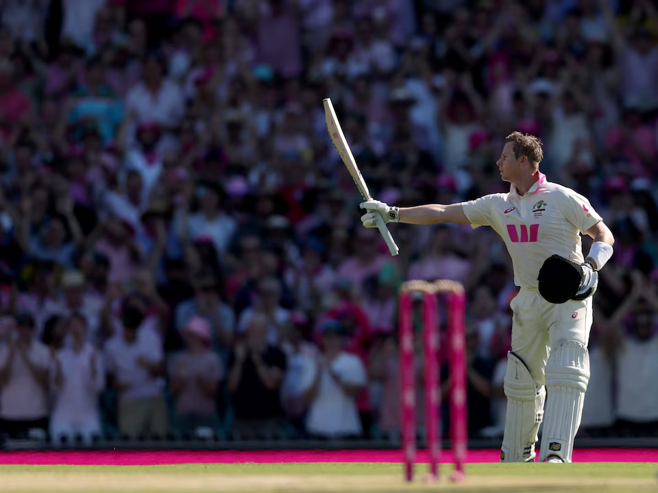 Steve Smith celebrates his century on Day 3 of the 5th Ashes Test at the SCG