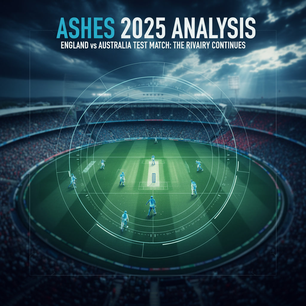Editorial illustration of cricket stadium for Ashes 2025 analysis