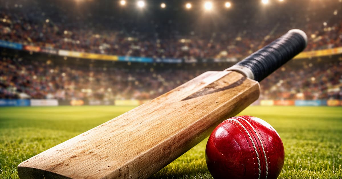 Abstract illustration of a cricket bat and ball under stadium lights during an India vs New Zealand ODI